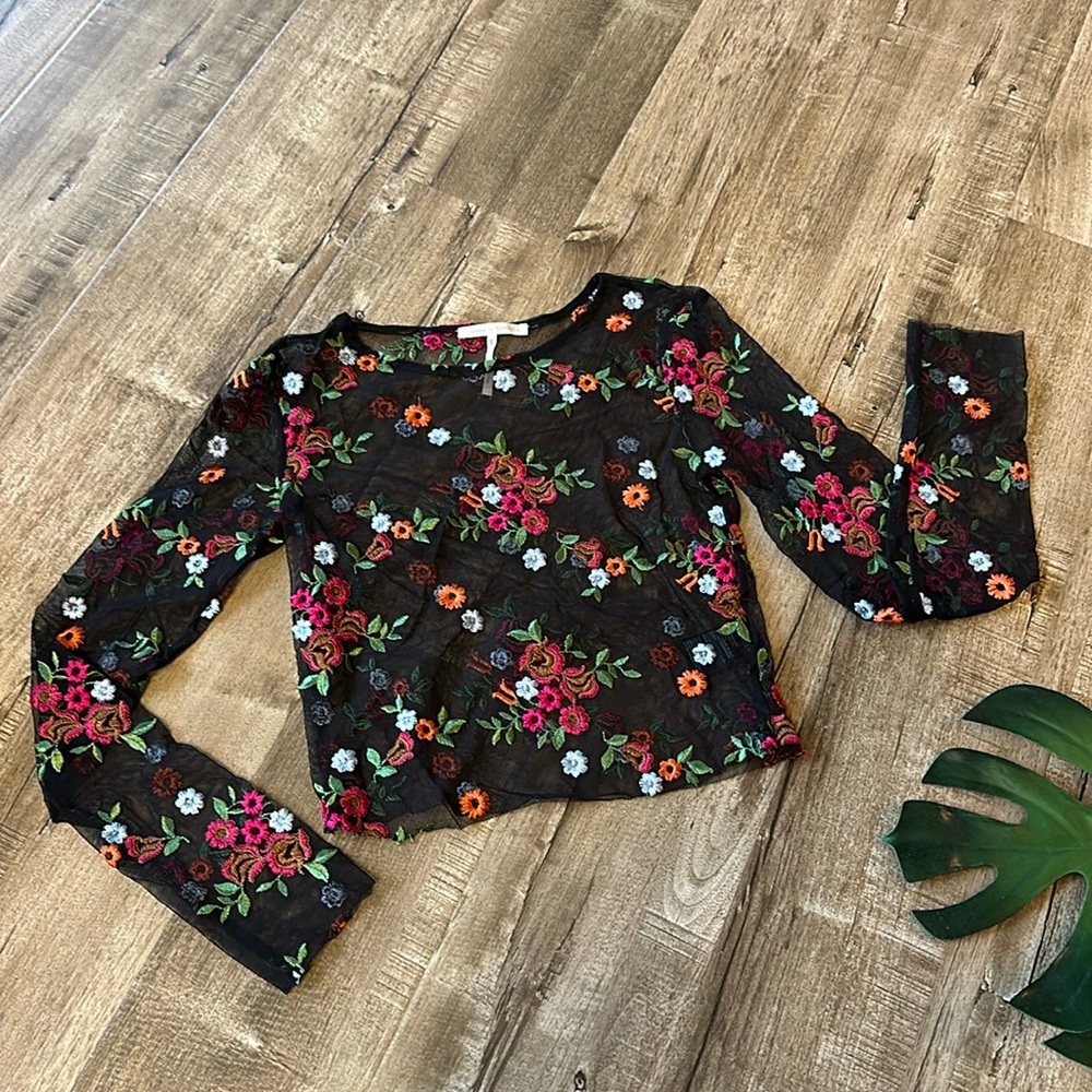 Urban outfitters long sleeve black net sheer floral embroidered top small